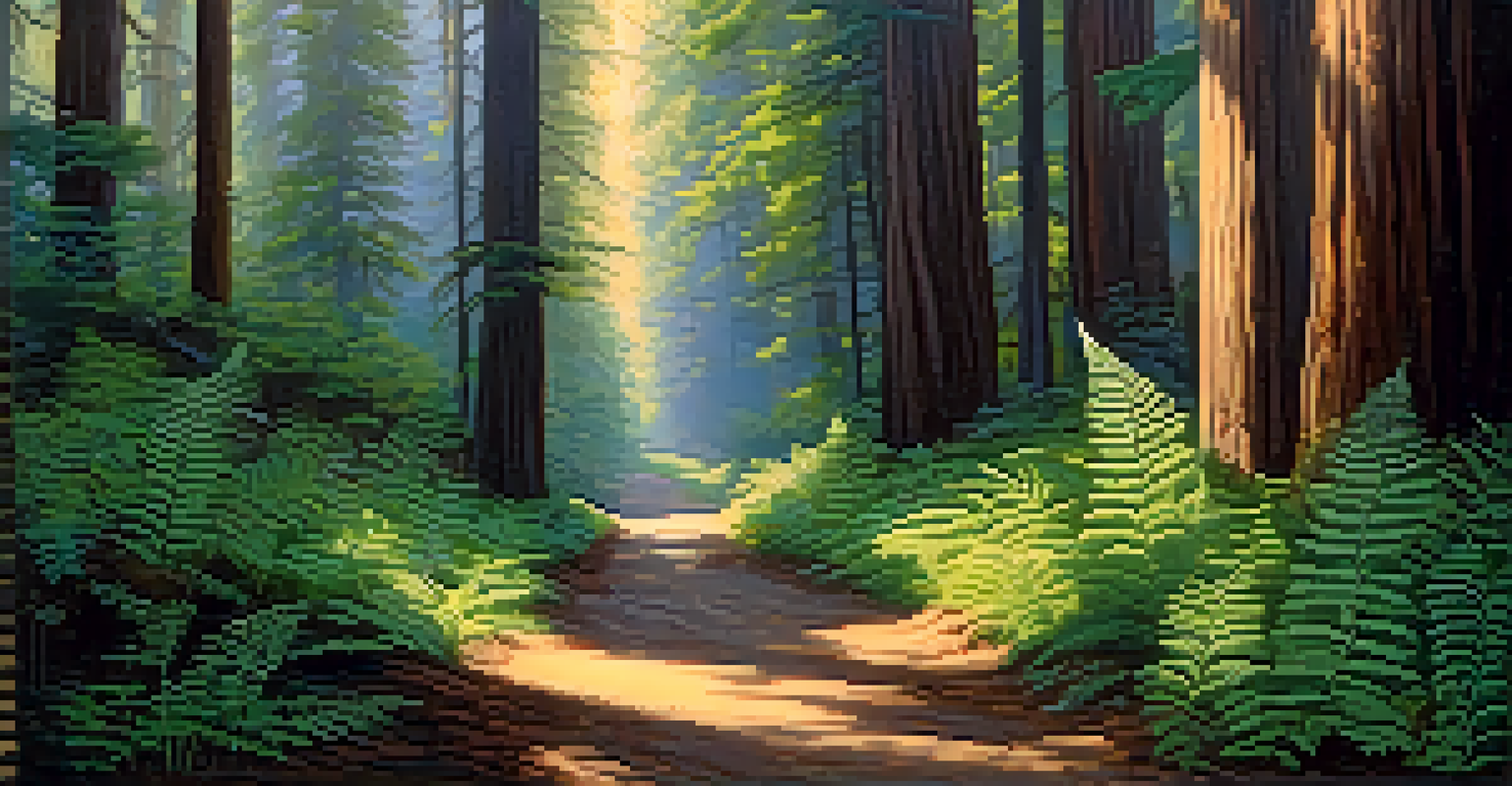 A tranquil forest trail surrounded by tall redwood trees, with sunlight filtering through the leaves and ferns along the path.