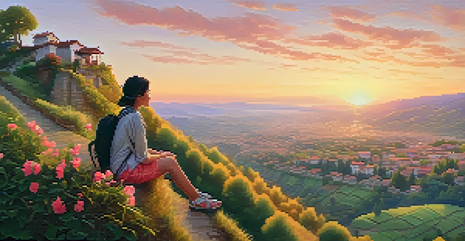 A young traveler sitting on a hillside at sunset, looking over a picturesque village with traditional architecture.