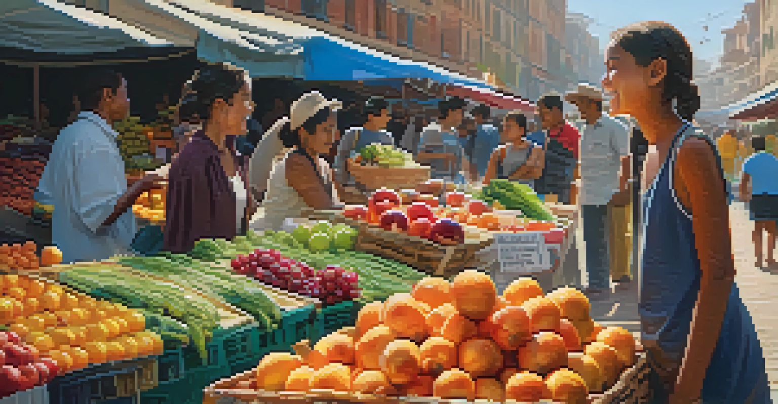 A young student interacting with a local vendor in a vibrant market, exchanging goods and smiles.