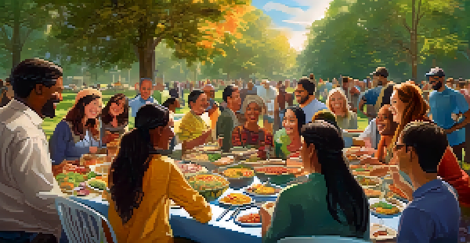 A diverse group of people at a potluck, enjoying food from various cultures, with a long table filled with colorful dishes in a sunny park.
