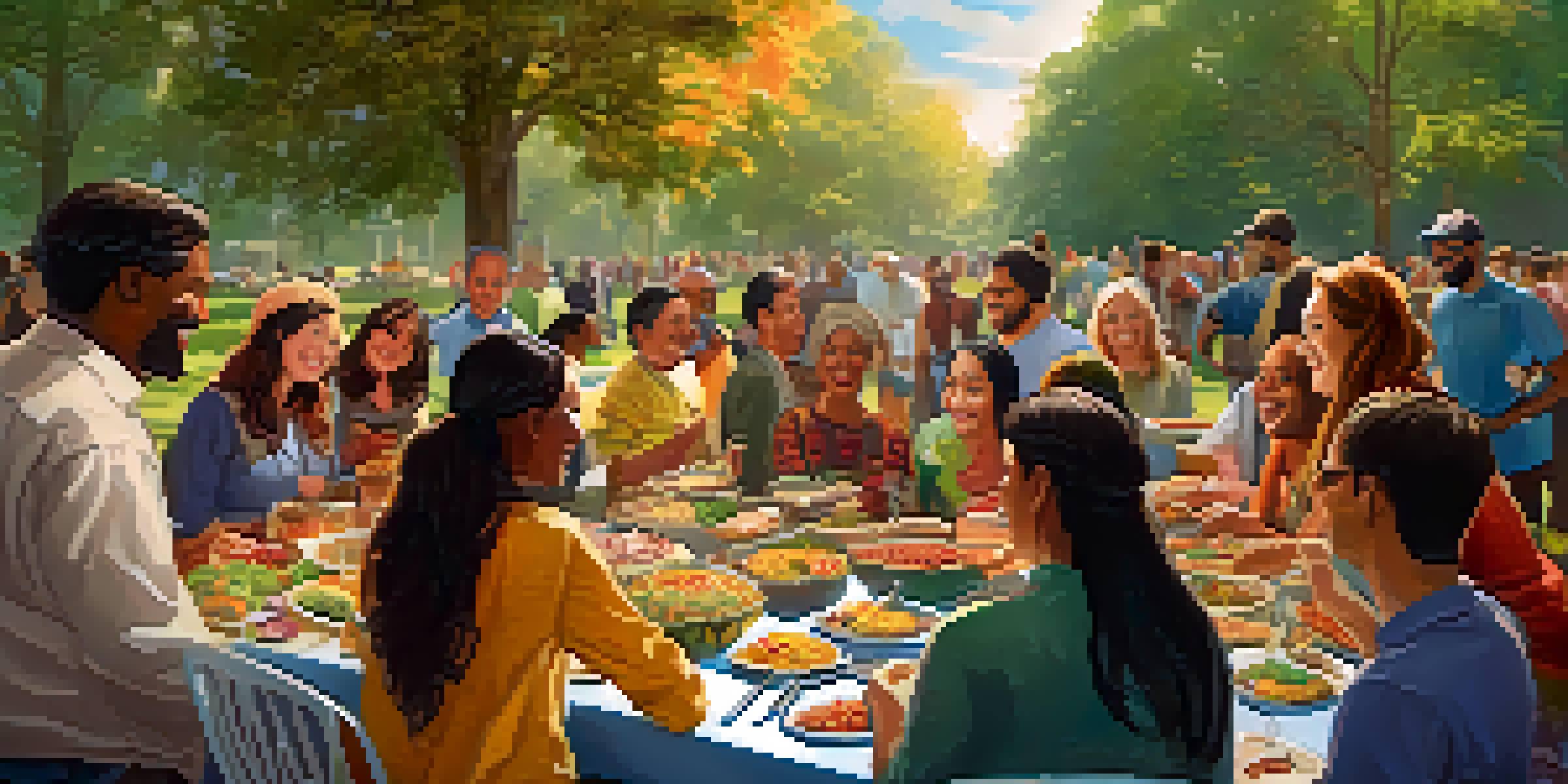 A diverse group of people at a potluck, enjoying food from various cultures, with a long table filled with colorful dishes in a sunny park.