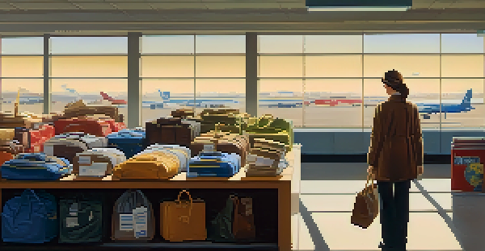 An airport lost and found area with a staff member organizing lost items, bright and welcoming atmosphere.
