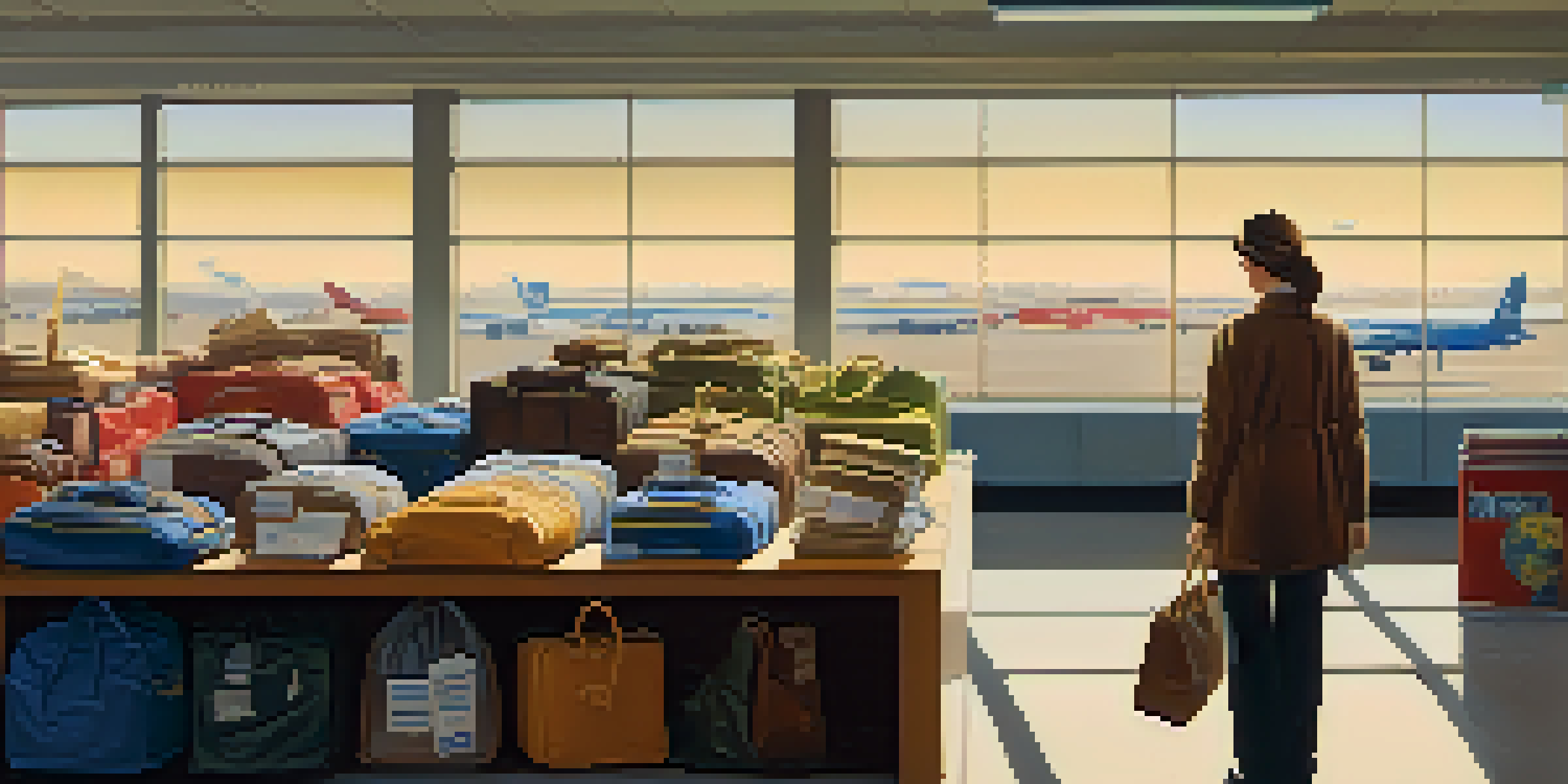 An airport lost and found area with a staff member organizing lost items, bright and welcoming atmosphere.