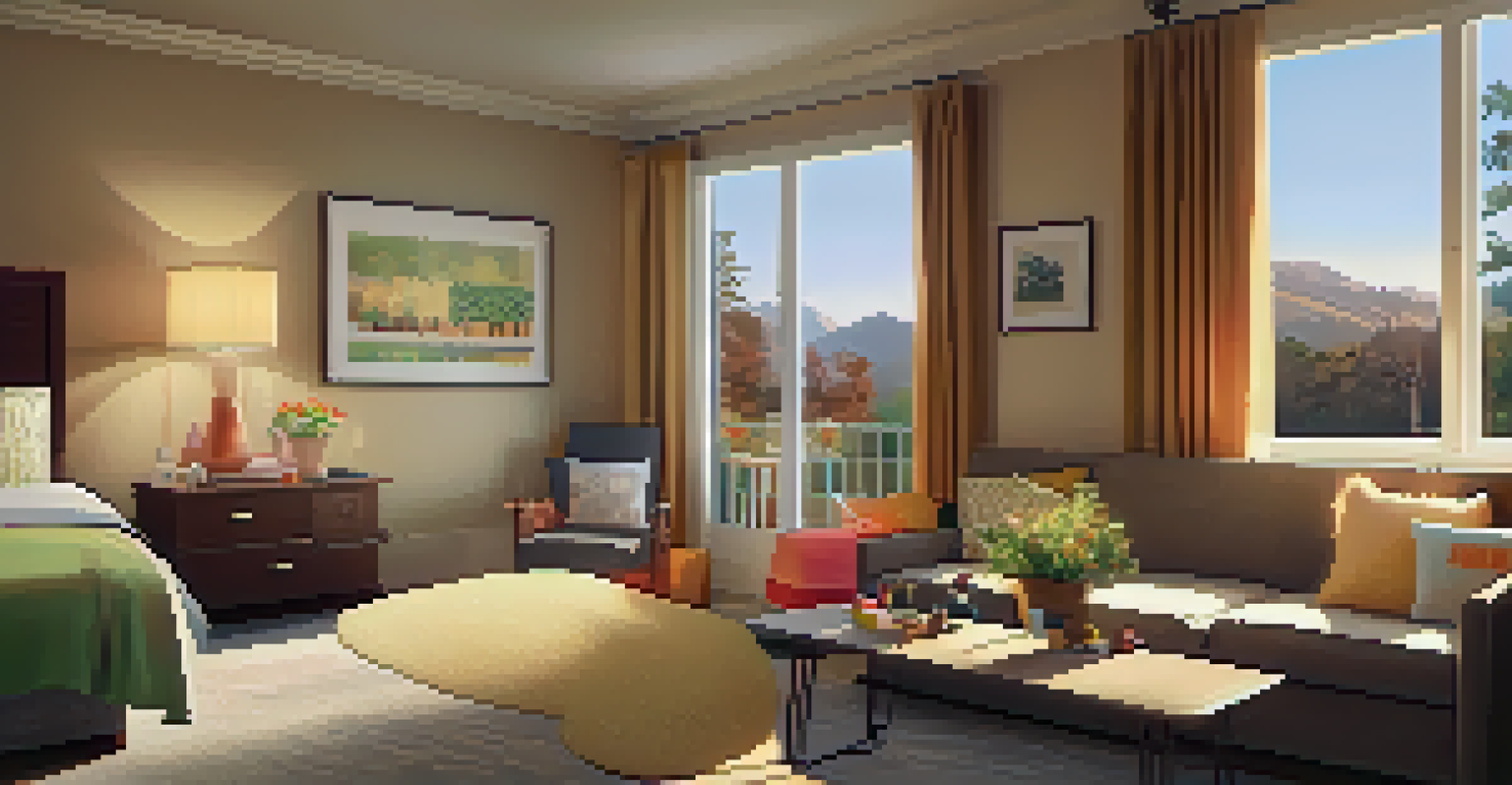 A family-friendly hotel room with a bed, kitchenette, and kids' toys, illuminated by soft lighting.