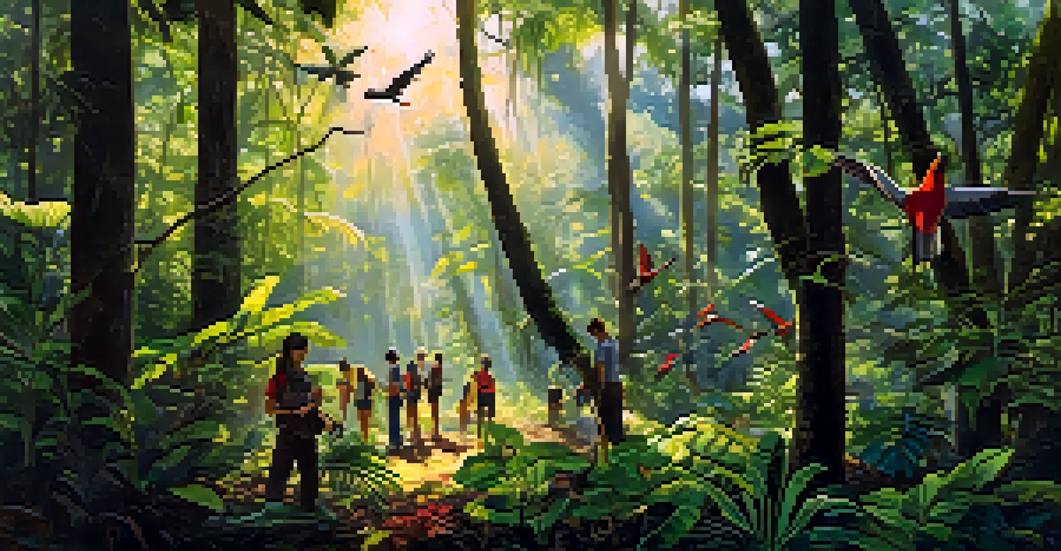 Students planting trees in a lush rainforest in Costa Rica, surrounded by vibrant plants and wildlife.