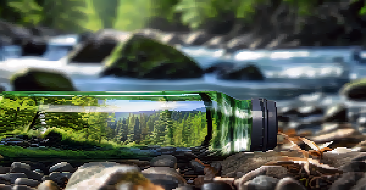 An insulated water bottle on a rocky surface near a forest stream, surrounded by greenery.
