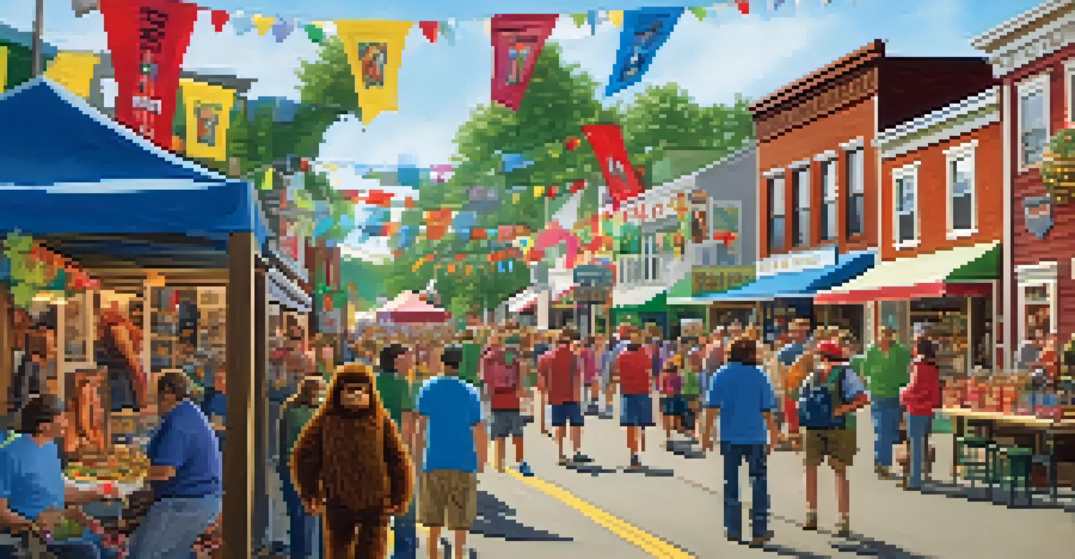 A lively small-town street during a Bigfoot festival with vendors and families enjoying the festivities.