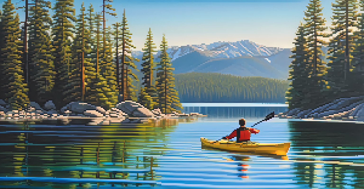 A peaceful kayaker paddling on calm Lake Tahoe waters, with lush pine trees and mountains in the background under a clear blue sky.