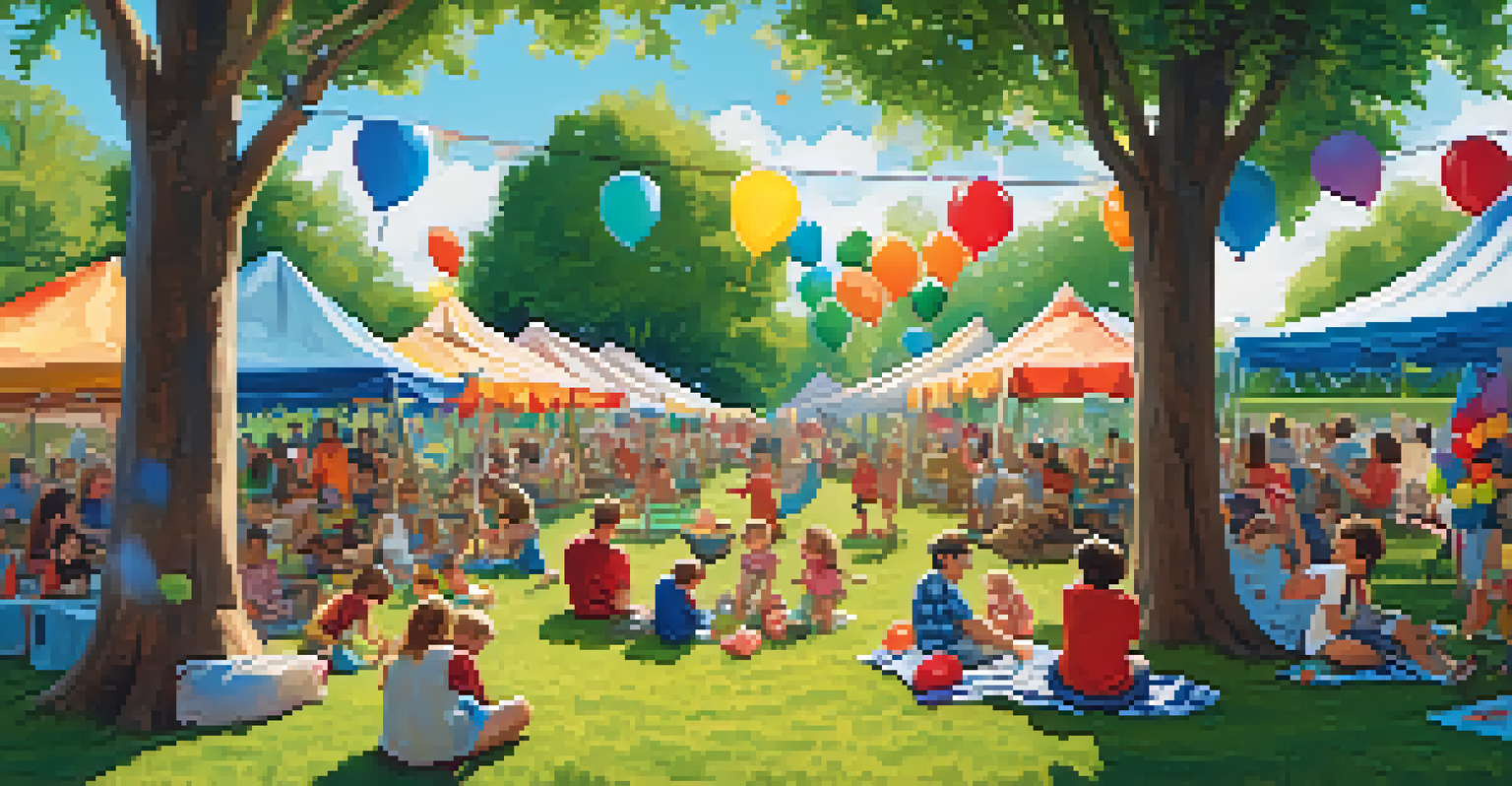 A family-friendly outdoor festival with children enjoying face painting and puppet shows, parents relaxing on blankets, and colorful decorations.