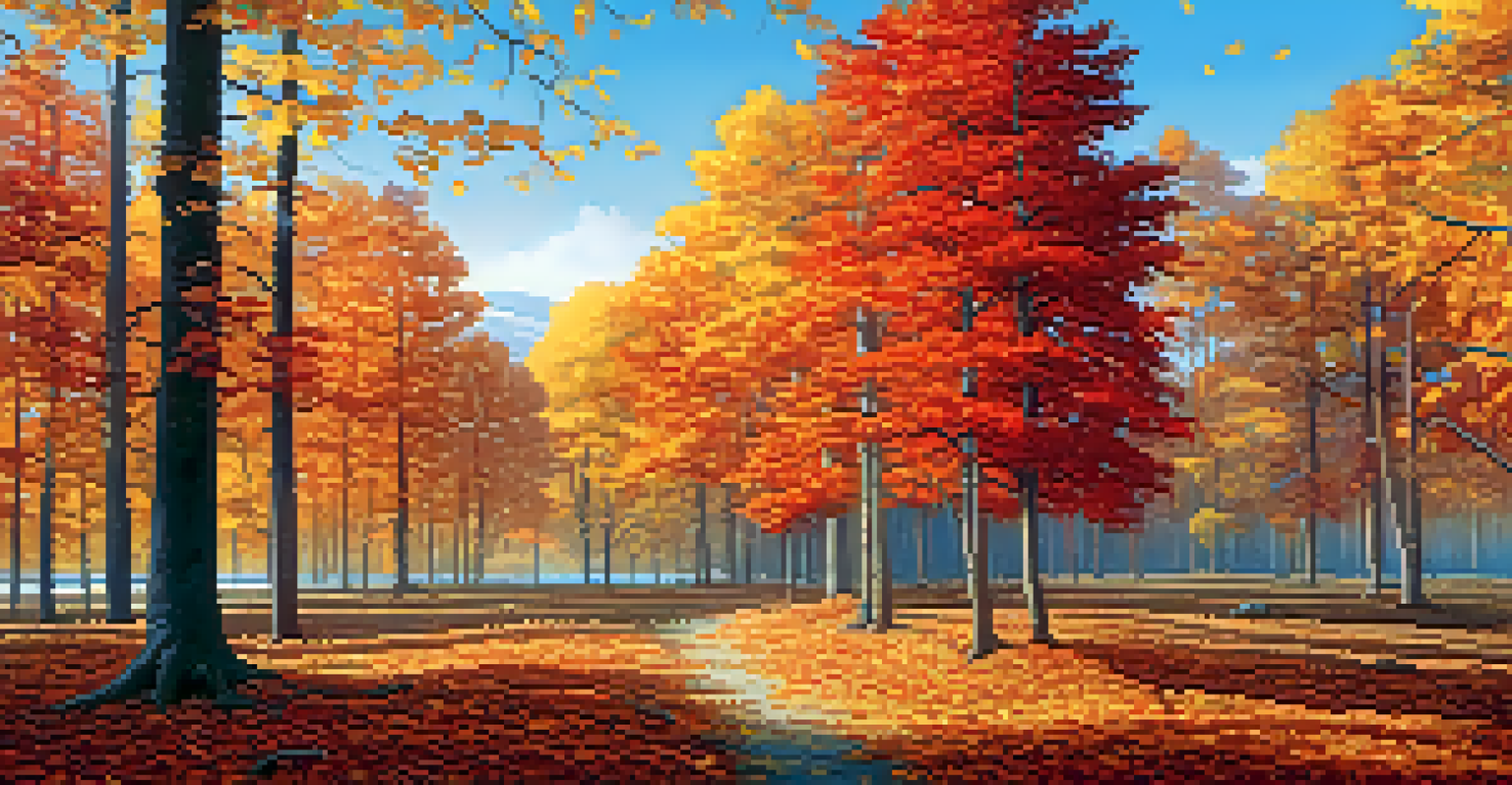 An autumn forest filled with colorful leaves in shades of red, orange, and yellow.