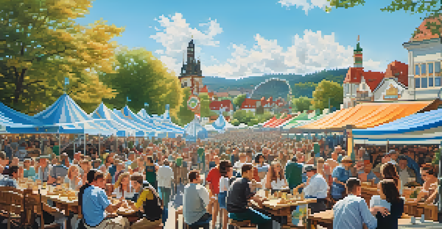 A wide-angle view of an Oktoberfest celebration, with crowds enjoying Bavarian food and beer under a clear sky, showcasing traditional decorations.