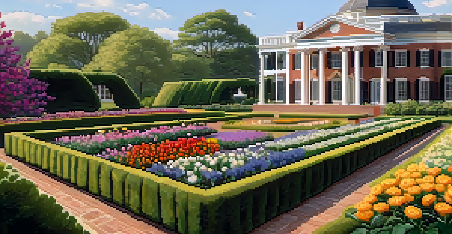 Close-up of Monticello's gardens showcasing colorful flowers and vegetable beds with the estate in the background under golden sunlight.