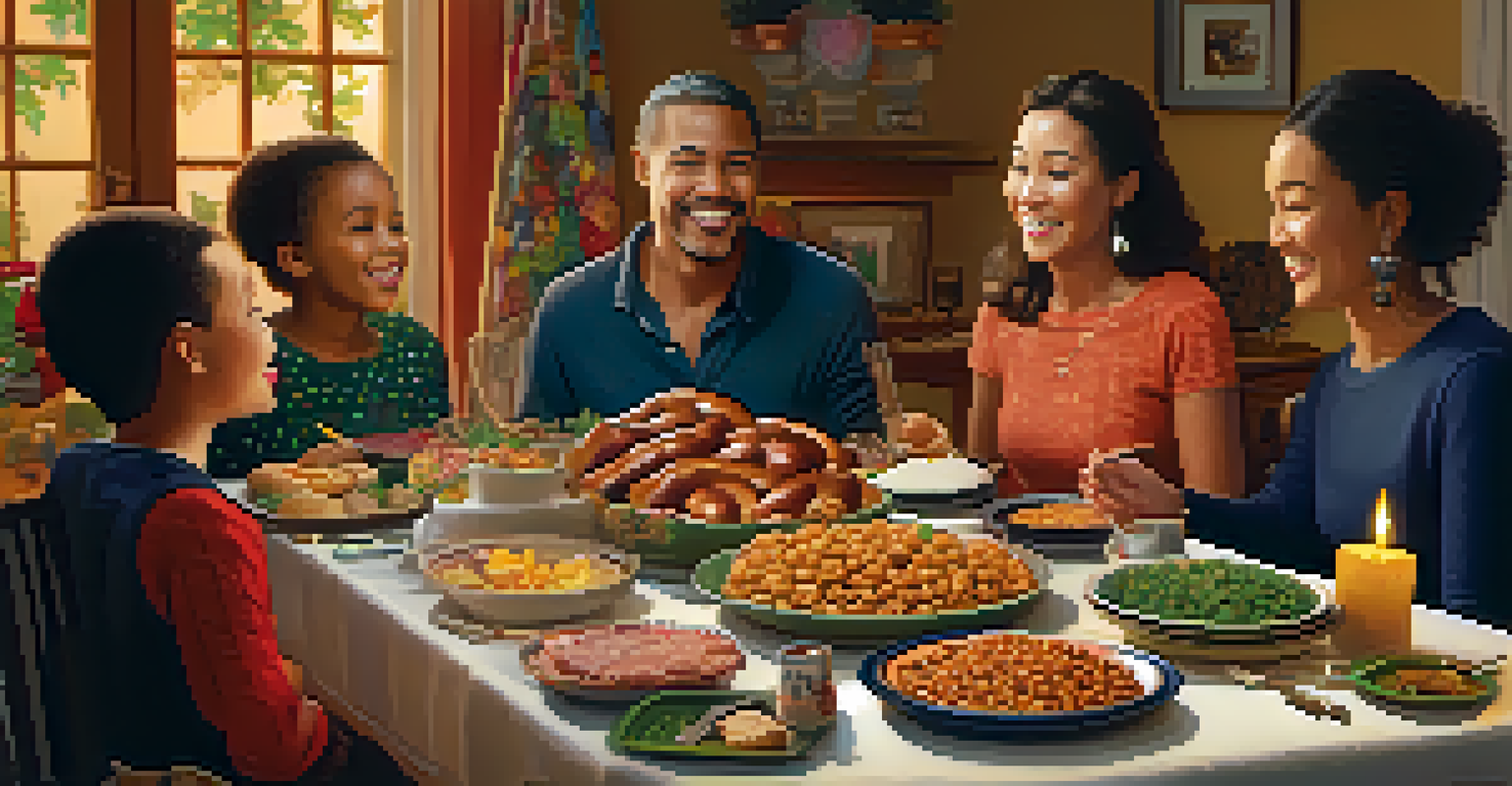 Family celebrating New Year's around a dinner table filled with traditional foods and joyful expressions.