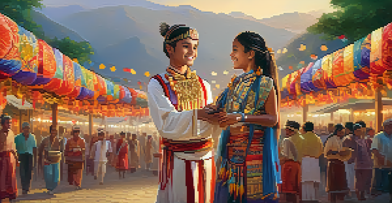 A young traveler in traditional attire celebrating at a cultural festival, surrounded by colorful decorations and local artisans.