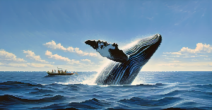 A whale breaching the ocean surface with sunlight reflecting on the water, while passengers on a small boat capture the moment.