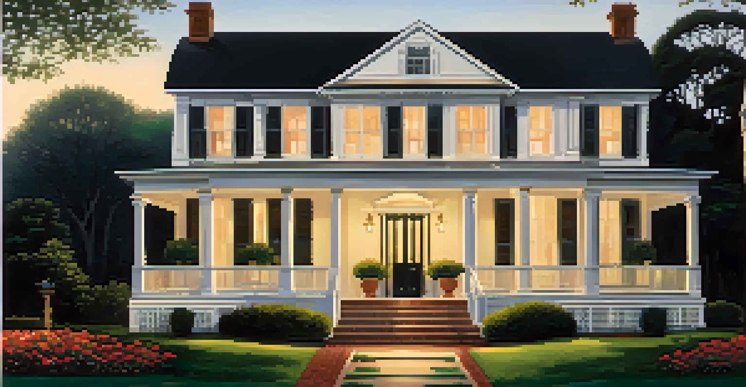 A Colonial Revival house with classic columns and a family on the porch during golden hour.