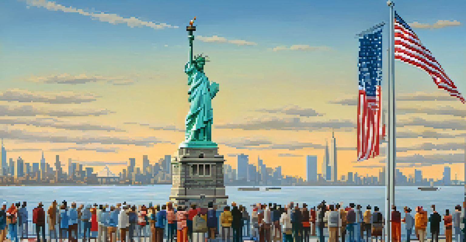 A panoramic view of the Statue of Liberty with people admiring her and flags waving in the foreground.