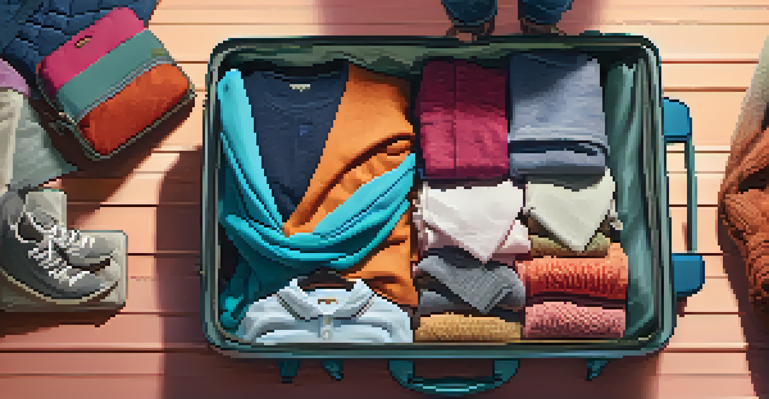 A close-up of hands rolling clothes and organizing them into a suitcase using packing cubes, with a vibrant display of clothing and soft warm lighting creating a cozy atmosphere.