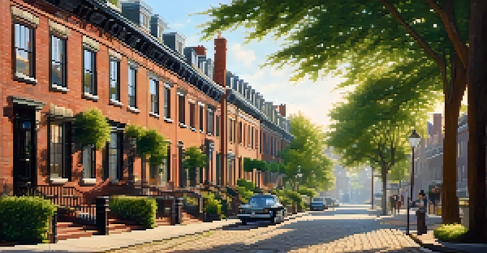 A couple walking through a historic district with Victorian mansions and cobblestone streets, surrounded by greenery in warm afternoon light.