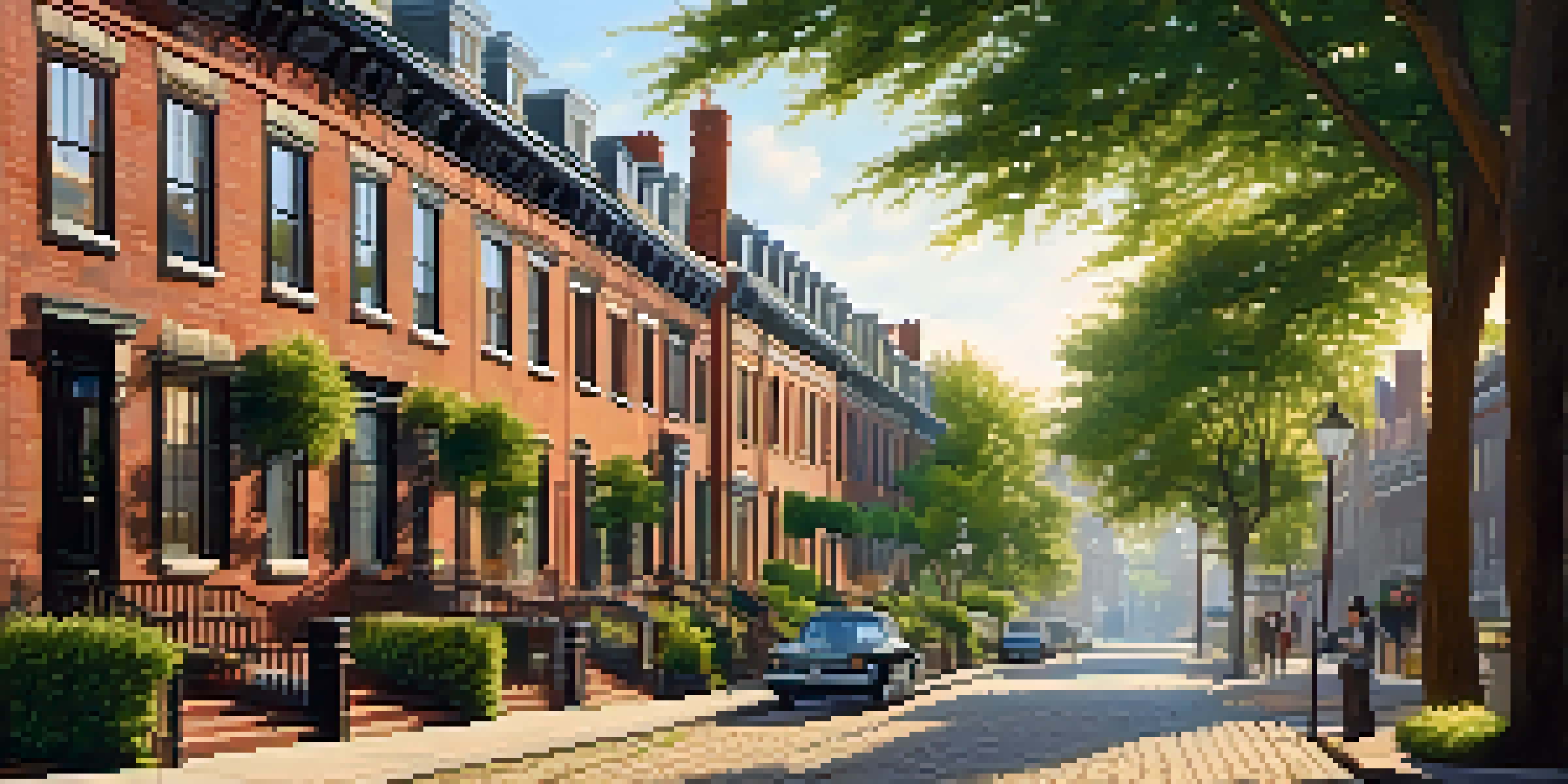A couple walking through a historic district with Victorian mansions and cobblestone streets, surrounded by greenery in warm afternoon light.