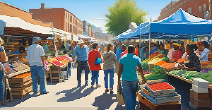 A bustling city market with colorful stalls, local artisans, and diverse shoppers interacting.