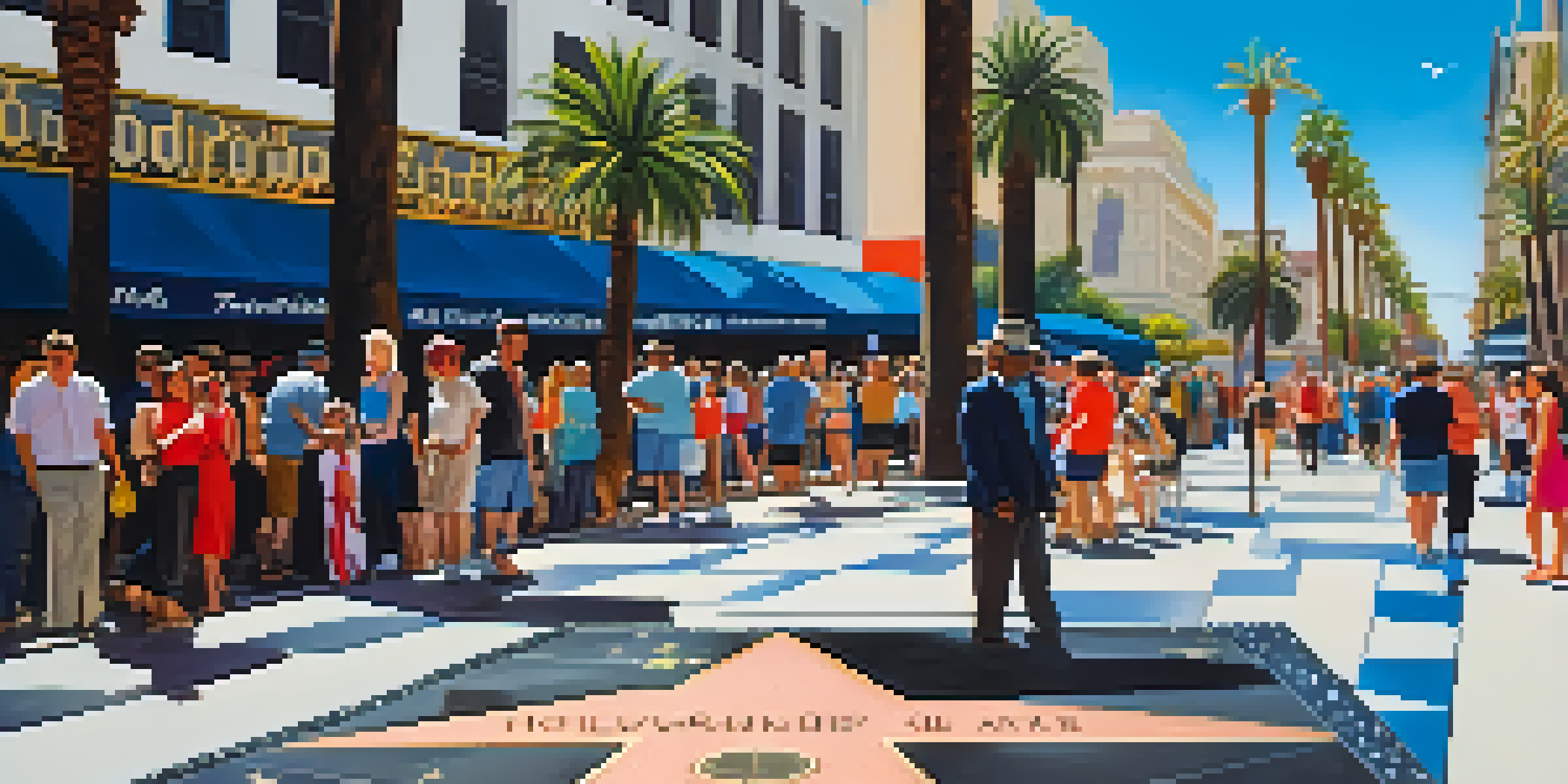 A busy Hollywood Walk of Fame with tourists looking at brass stars, palm trees, and street performers under a blue sky.