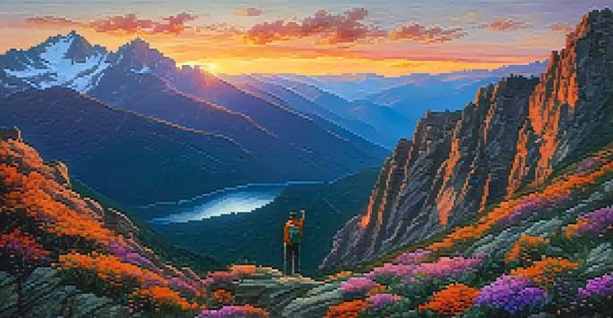 A lone hiker standing at the edge of a cliff during sunset, with vibrant colors in the sky and rugged mountains in the background.