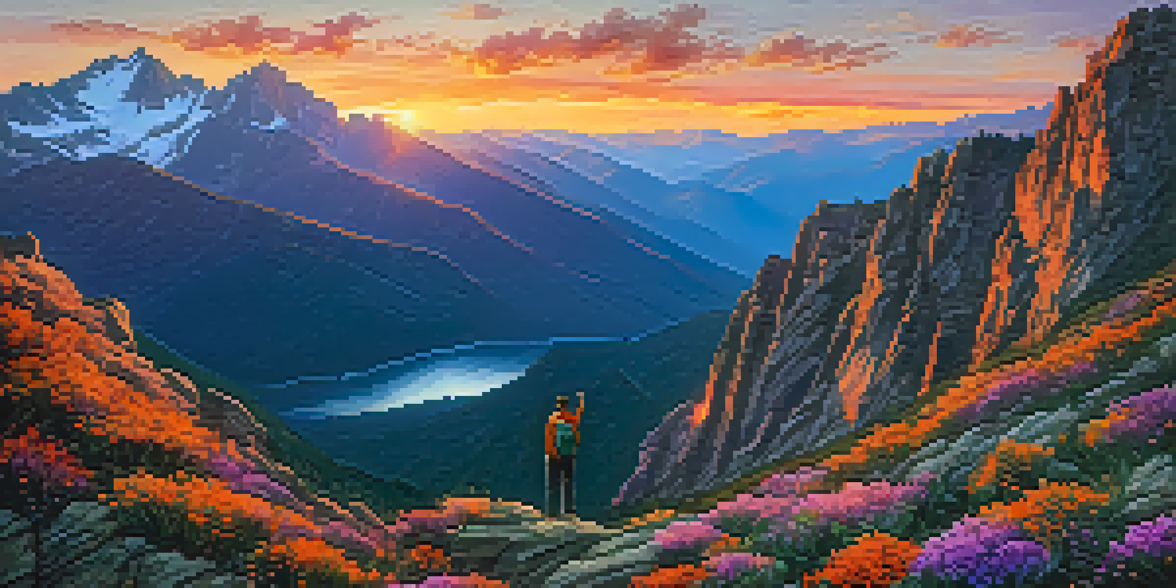 A lone hiker standing at the edge of a cliff during sunset, with vibrant colors in the sky and rugged mountains in the background.