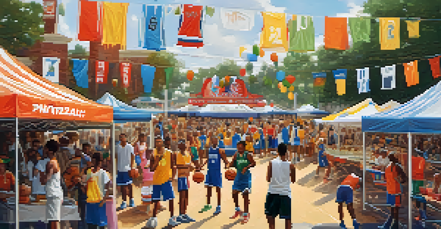 A community basketball tournament with spectators in team colors, players in action, and local vendors in the background.
