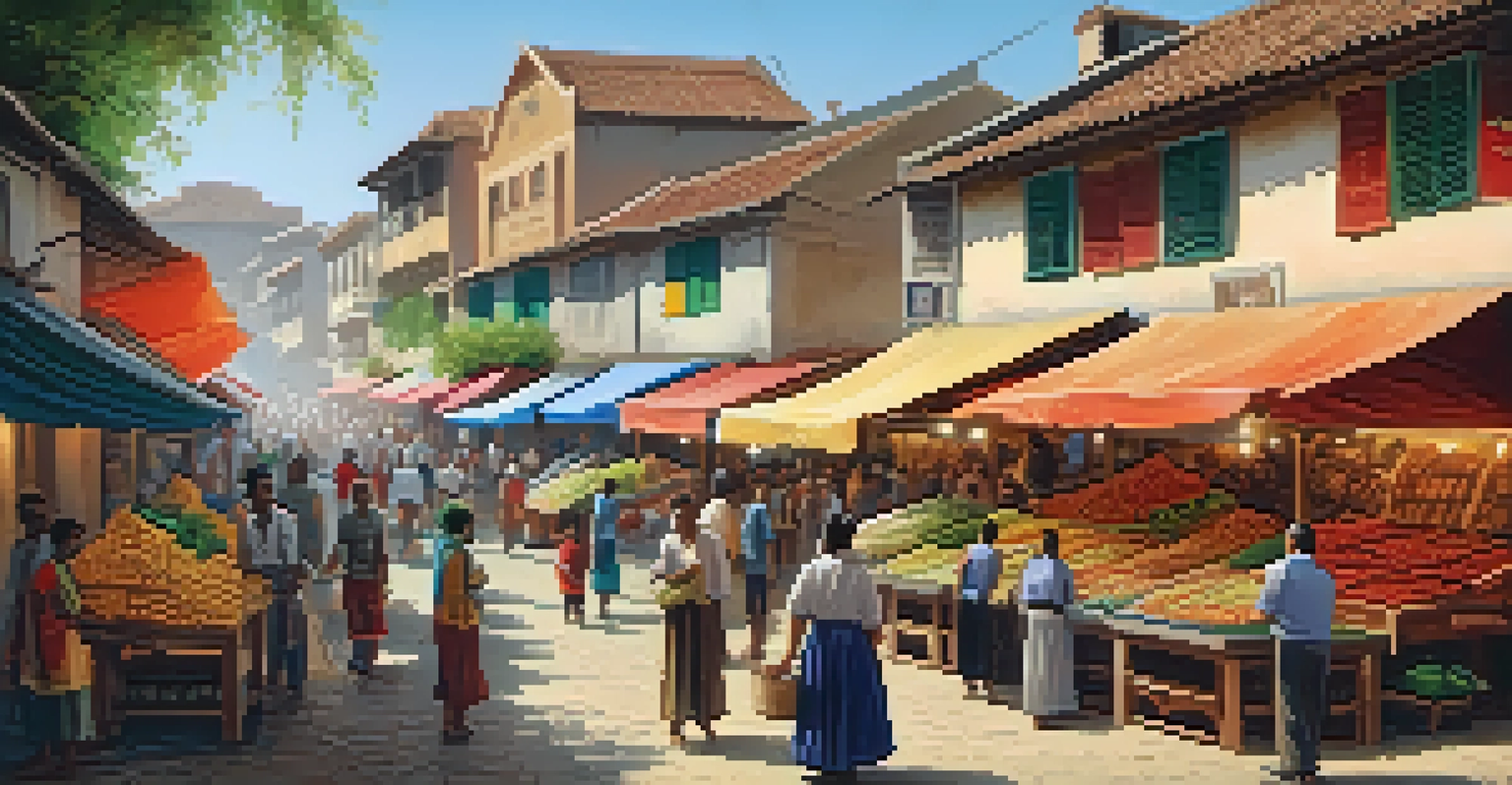A lively village market filled with tourists and local vendors selling crafts and food, with a colorful sunset in the background.