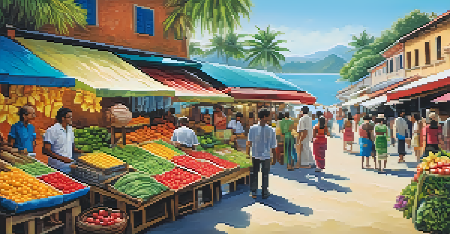 A lively market in a coastal village with local vendors and tourists, colorful stalls, and the ocean in the background.