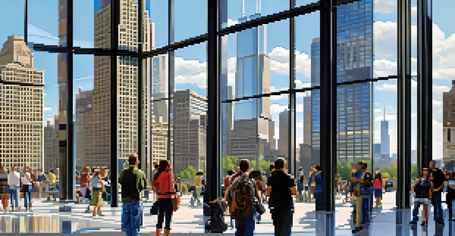 A stunning view of the Willis Tower in Chicago, with clear blue skies and reflections of nearby buildings, while tourists admire the skyline.