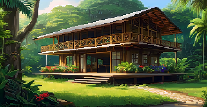 A peaceful eco-lodge surrounded by green trees and colorful flowers with sunlight filtering through the leaves.