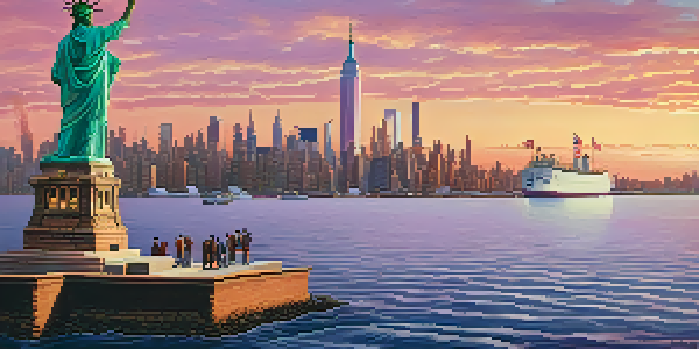 The Statue of Liberty at sunset with a diverse group of immigrants in the foreground, symbolizing hope and opportunity.
