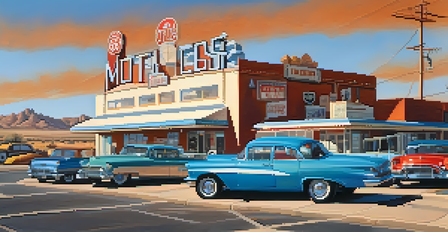 A small town along Route 66 with vintage motels and classic cars, bathed in warm morning light under a clear blue sky.