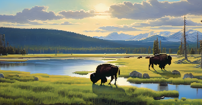 A peaceful meadow in Yellowstone National Park with grazing bison, geothermal features in the background, and a clear blue sky.