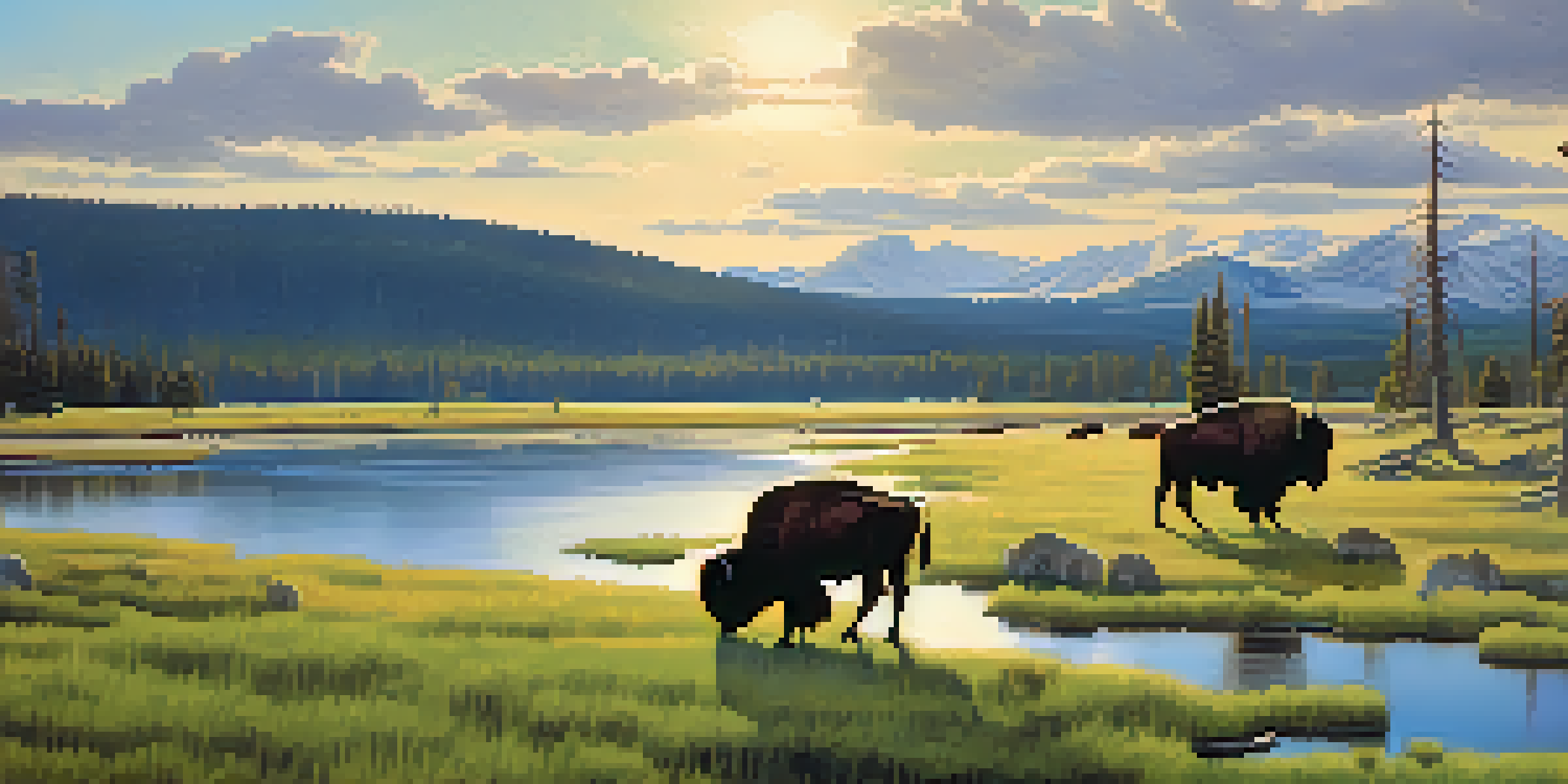 A peaceful meadow in Yellowstone National Park with grazing bison, geothermal features in the background, and a clear blue sky.