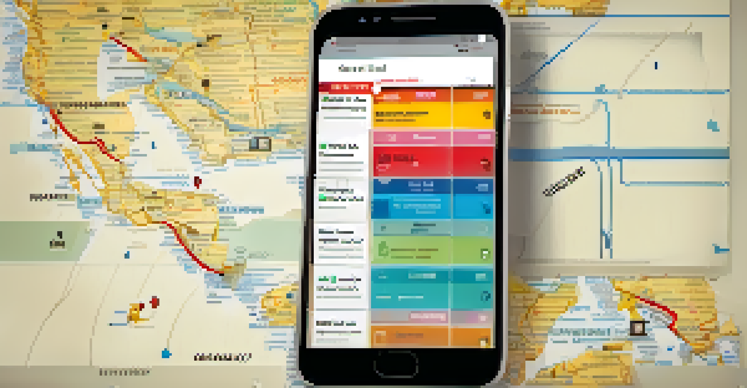 A smartphone displaying an emergency contact list with a travel map and suitcase in the background.