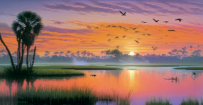 A picturesque sunrise over the Everglades, featuring wetlands, wading birds, and alligators with vibrant colors in the sky.