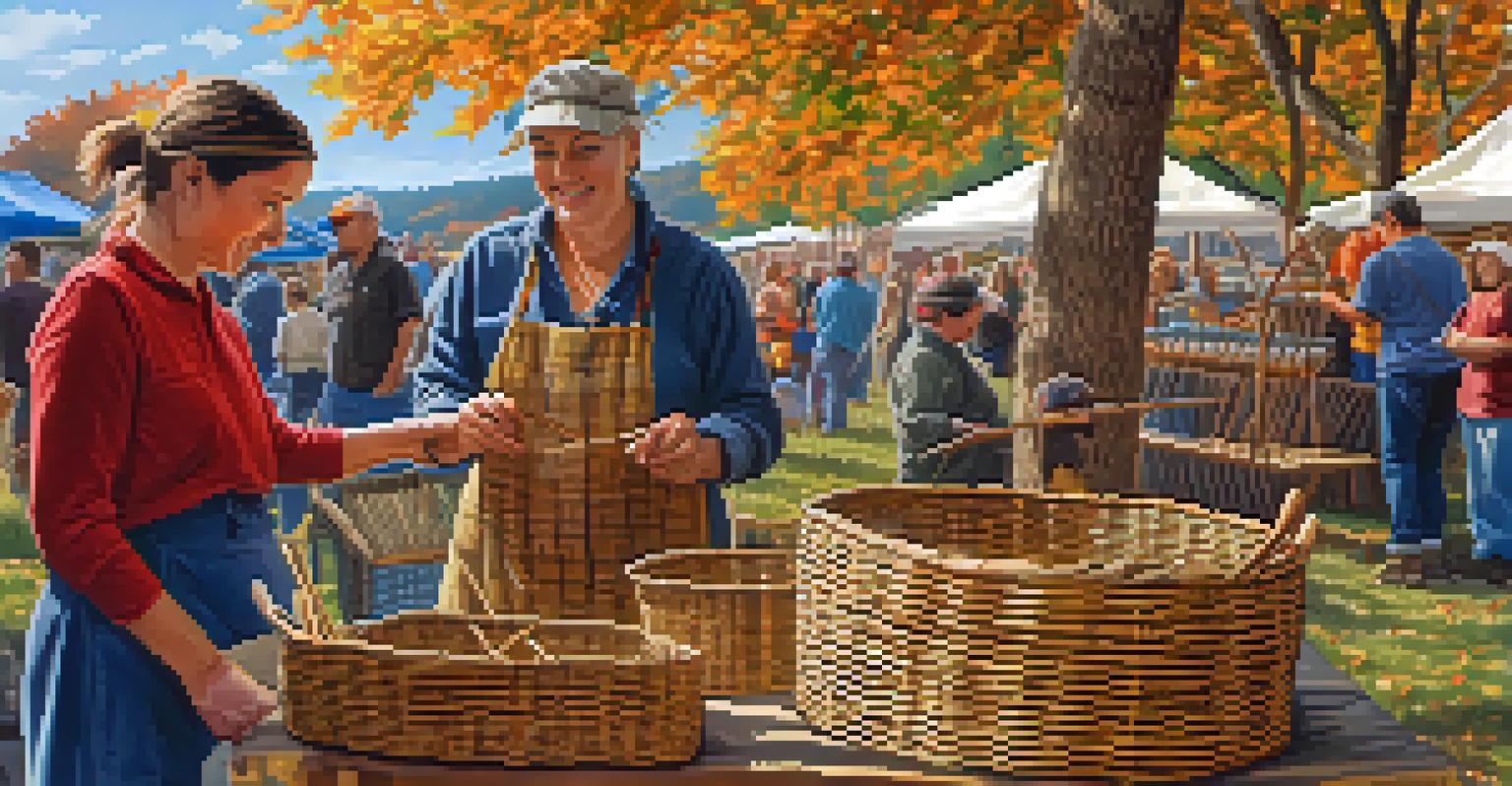 An artisan demonstrating basket weaving at an outdoor festival, surrounded by colorful baskets and autumn foliage.