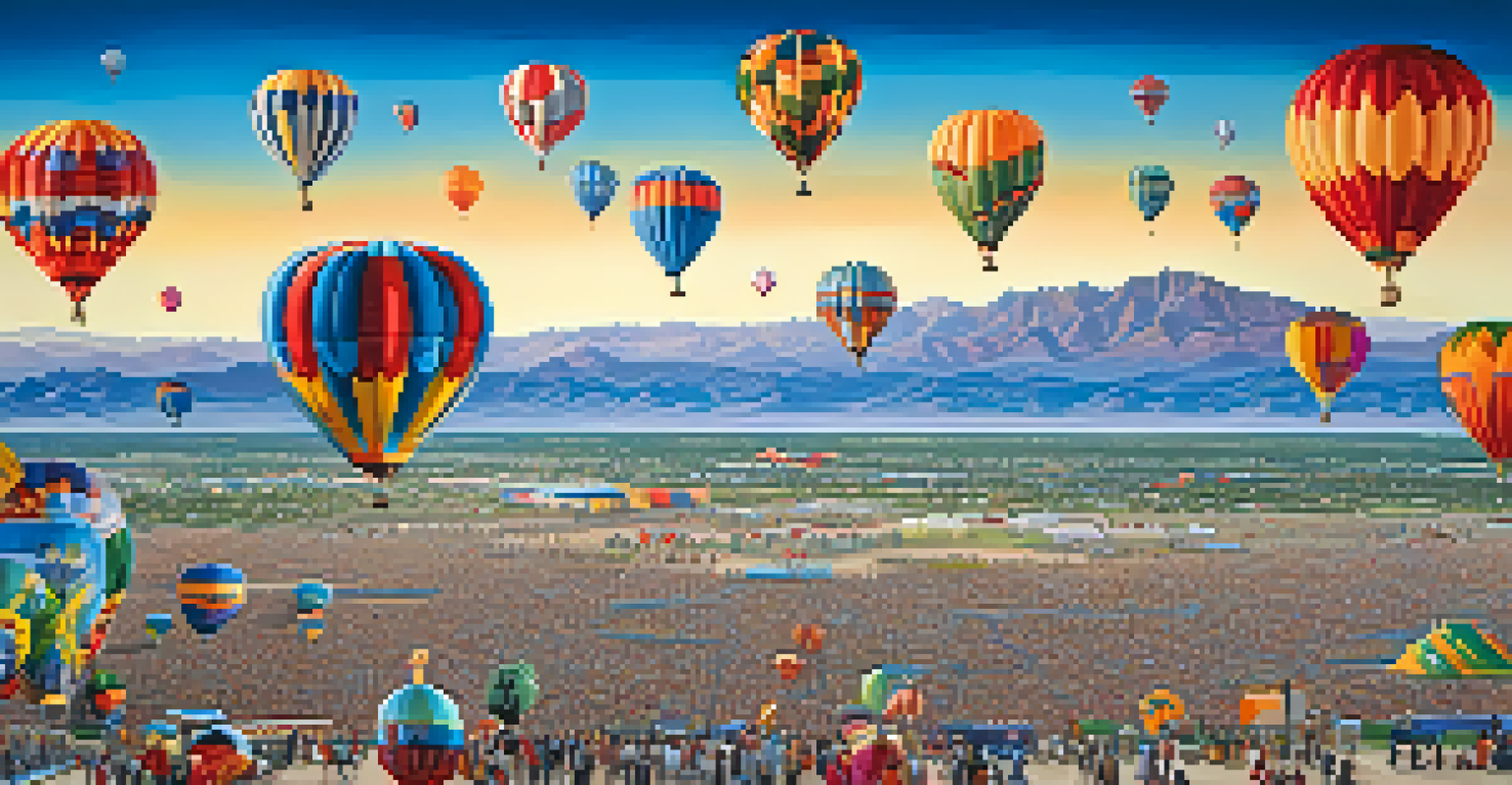 A colorful display of hot air balloons flying during the Albuquerque International Balloon Fiesta with mountains in the background.