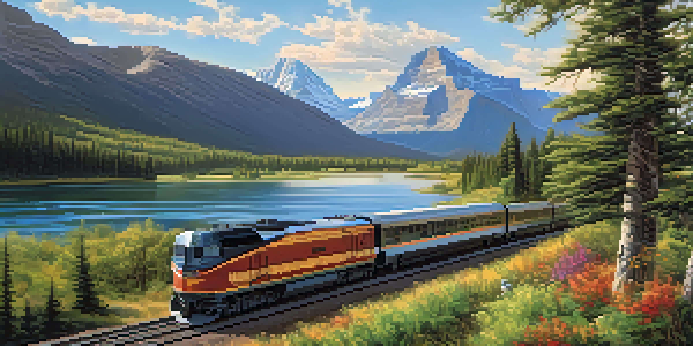 A picturesque landscape of Glacier National Park featuring rugged mountains, glistening lakes, and lush forests, with an Amtrak train and grazing elk in warm afternoon light.