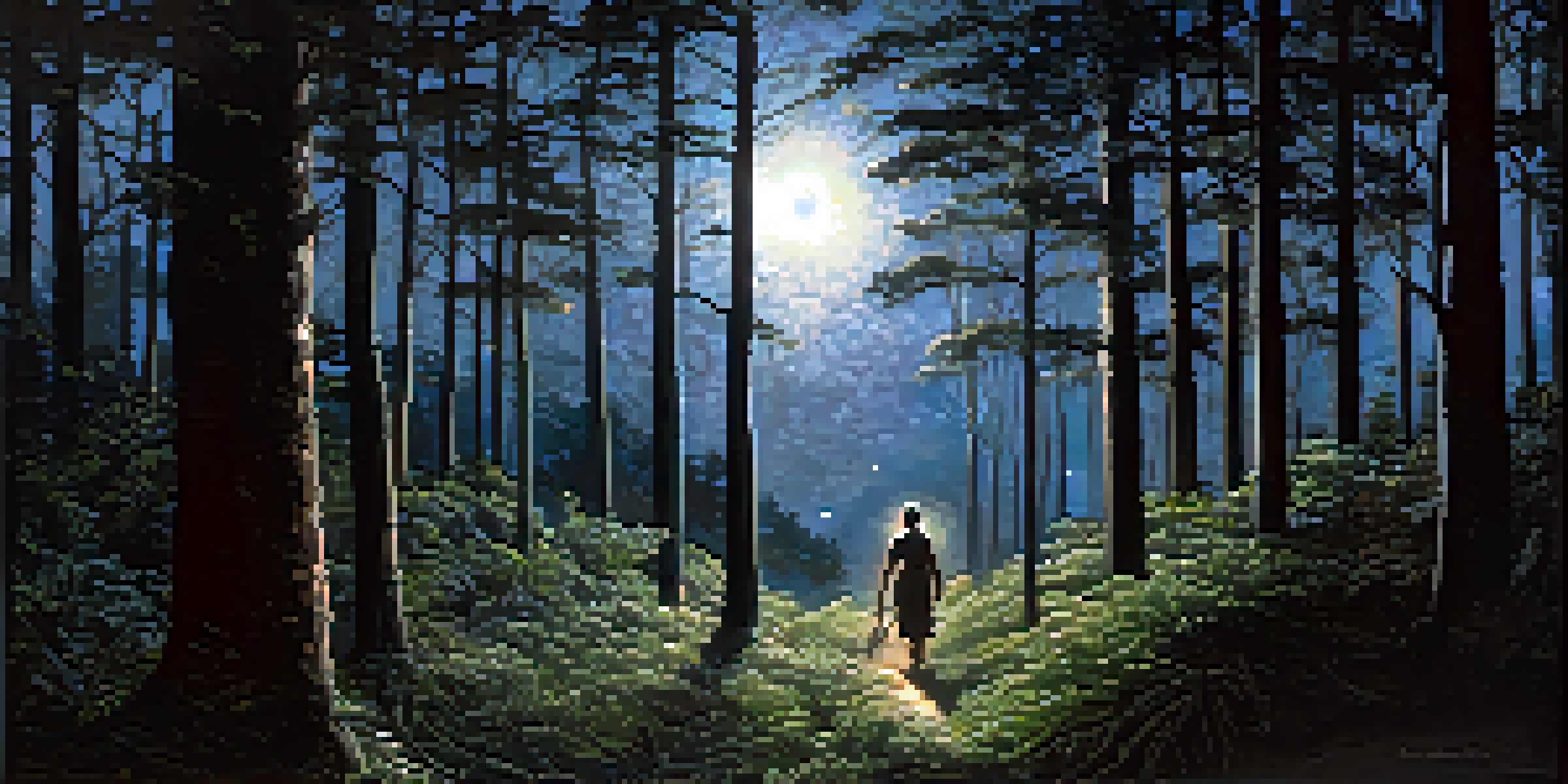 A person in a forest at night, looking up at the bright North Star, symbolizing hope and escape.