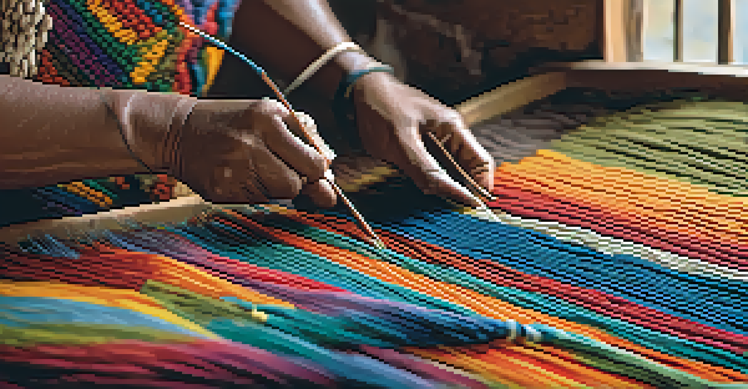 A close-up of a traditional artisan weaving a tapestry, focusing on the intricate patterns and textures of the fibers illuminated by natural light.
