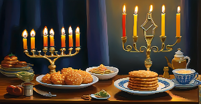 A festive Hanukkah table with a lit menorah, latkes, and jelly-filled doughnuts, creating a warm ambiance.