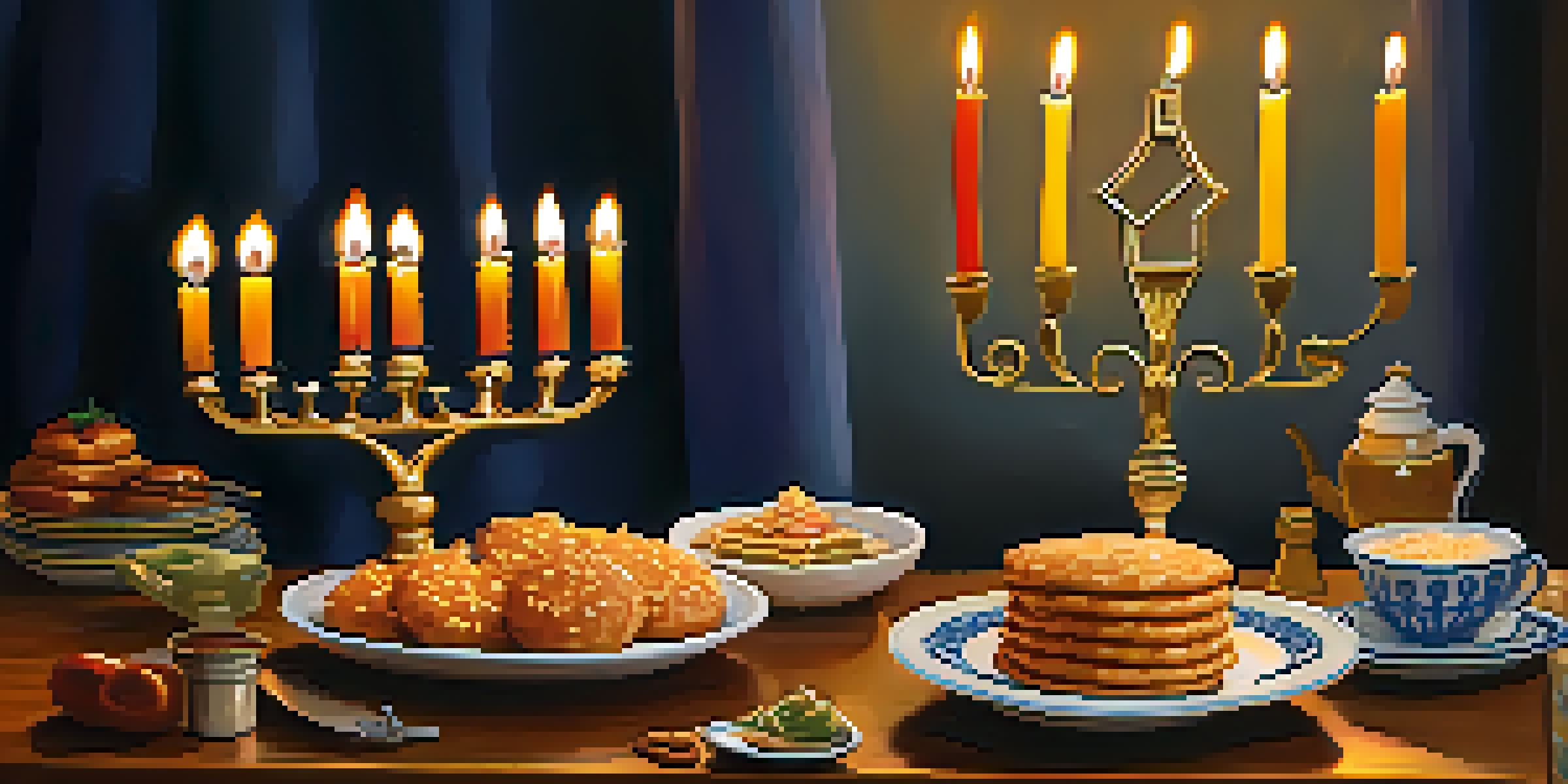 A festive Hanukkah table with a lit menorah, latkes, and jelly-filled doughnuts, creating a warm ambiance.
