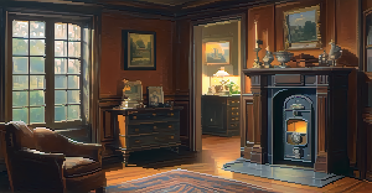 A safe house living room with period furniture and a hidden compartment in the wall, illuminated by an oil lamp.