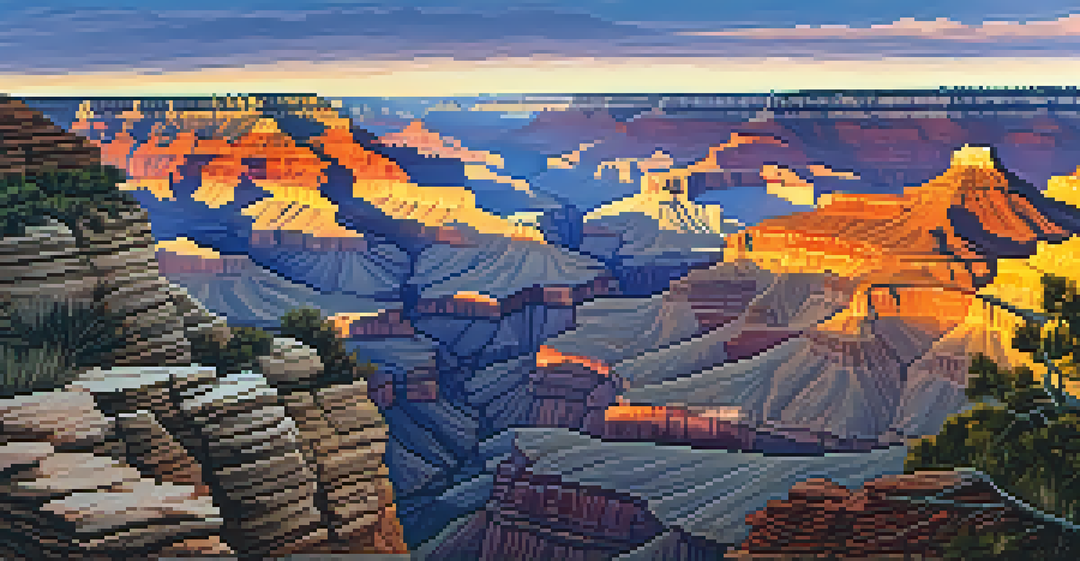 A panoramic view of the Grand Canyon at sunrise, highlighting its colorful geological formations.