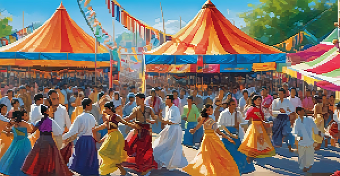 A lively festival with people in traditional clothing dancing and colorful food stalls in the background.