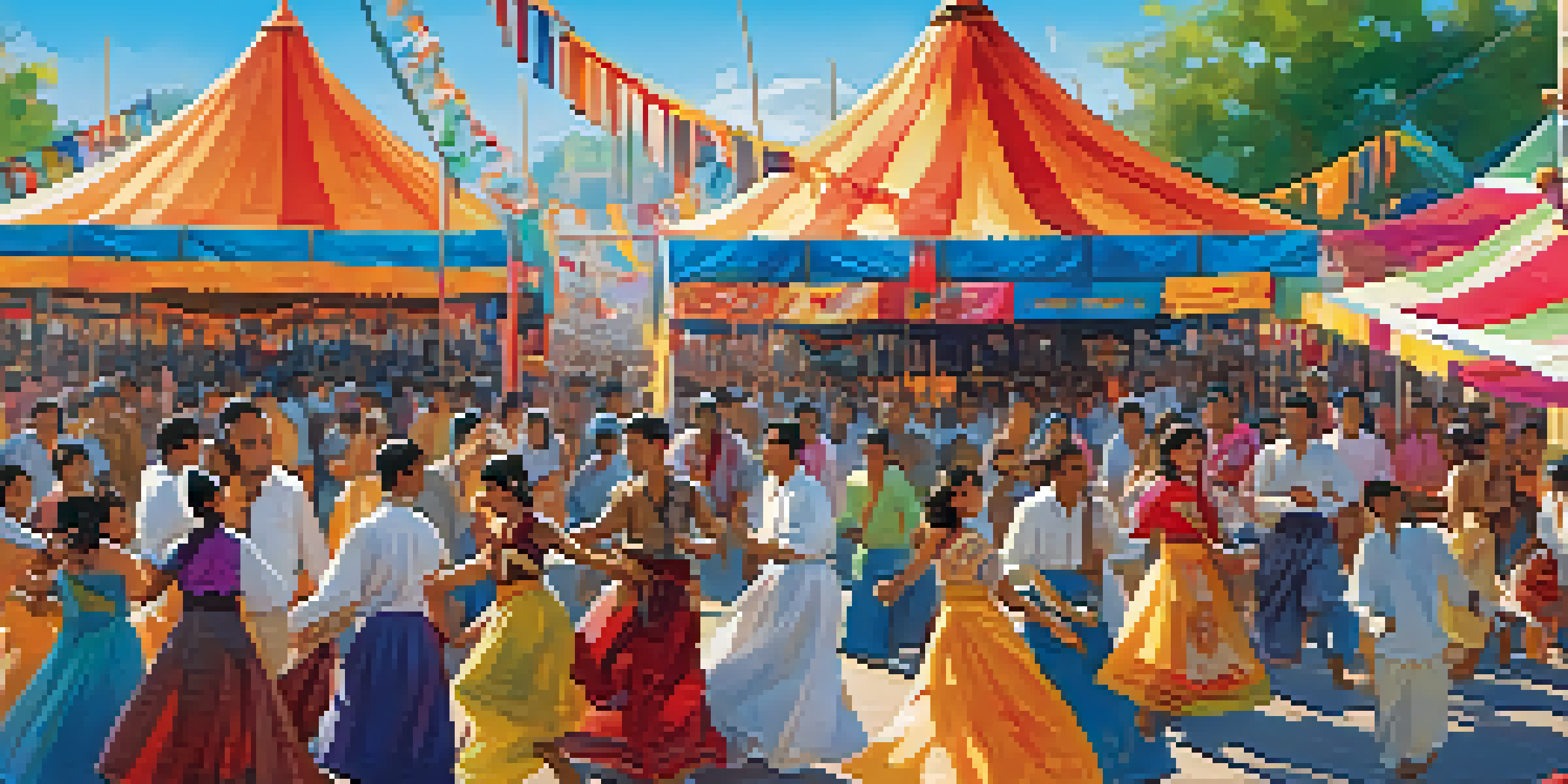 A lively festival with people in traditional clothing dancing and colorful food stalls in the background.